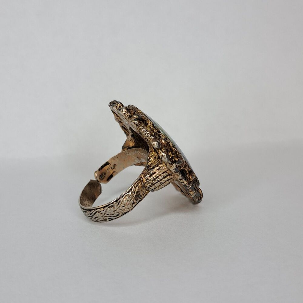 Vintage Oriental Ring Asian Culture Jewelry Ceramic Adjustable Brushed Gold Tone - Picture 4 of 7